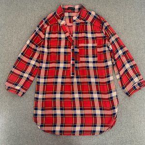 Cals Red Plaid Long Half Button Shirt Oversized Lightweight Top Small Semi-Sheer